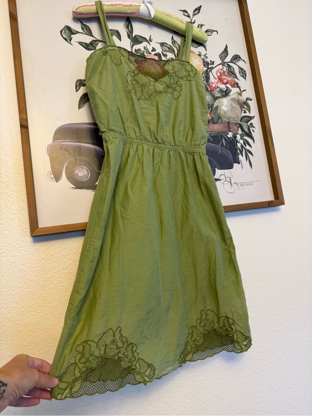 Y2K Green Floral Lace Slip Dress Cotton Silk Blend w Lace Cut Outs